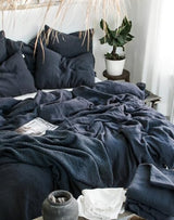 Ghasiram Textiles, Graphite Blue Linen Bedding Set - Duvet Cover & 2 Pillowcases - King Queen Full Double Twin Single - Anthracite Gray Blue Washed Soft Linen (Queen XL 90x98) Generic