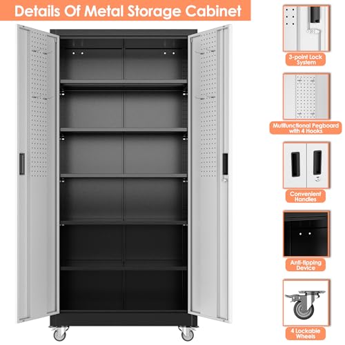 Aobabo 71" H×32" W×16" D Metal Storage Cabinet with Wheels, Garage Steel Storage Cabinet with 5 Adjustable Shelves and 4 Hooks for Home Office,Kitchen, Black Silver,Assembly Required Aobabo