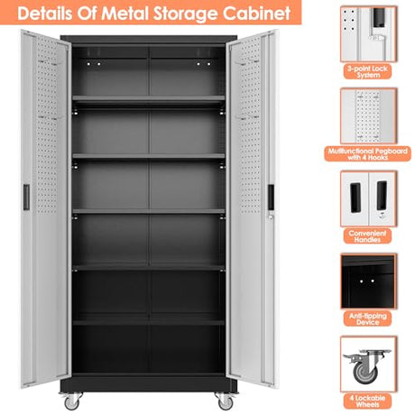 Aobabo 71" H×32" W×16" D Metal Storage Cabinet with Wheels, Garage Steel Storage Cabinet with 5 Adjustable Shelves and 4 Hooks for Home Office,Kitchen, Black Silver,Assembly Required Aobabo