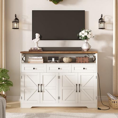 Befrases Farmhouse Sideboard Buffet Cabinet, Barn Doors Storage Cabinet with Drawers and Open Shelf, 47.2'' Wood Coffee Bar Microwave Station for Kitchen, Living Room, Hallway, White Befrases