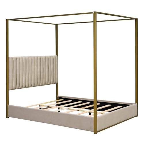 LUMISOL Queen Size Metal Canopy Bed Frame, Upholstered Four-Poster Platform Bed Frame with Headboard, Morden Low Profile Platform Beds, No Box Spring Needed, Beige