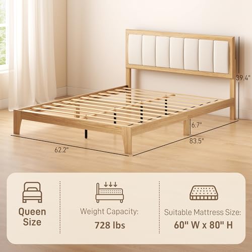 HOMCOM Queen Size Bed Frame with Upholstered Headboard, Platform Bed Frame with Wooden Slats, No Box Spring Needed, Easy Assembly, Natural HOMCOM