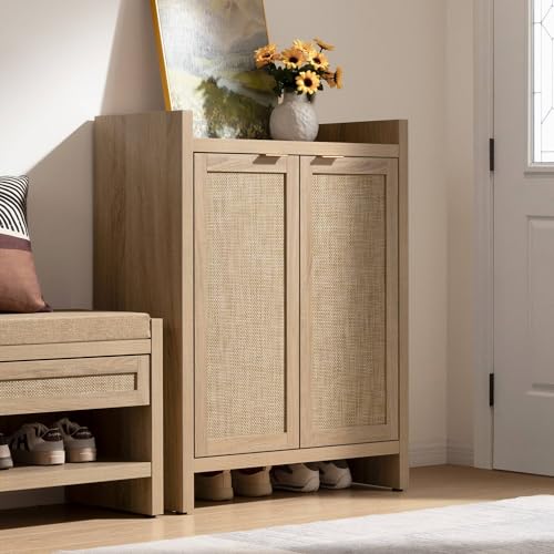 SICOTAS Shoe Cabinet, 24 Pair Shoe Storage Organizer Cabinet, 41" Tall Rattan Shoe Cabinet with Doors and Shelves, 6-Tier Farmhouse Boho Wooden Storage Cabinet for Entryway Hallway Closet, Light Oak SICOTAS