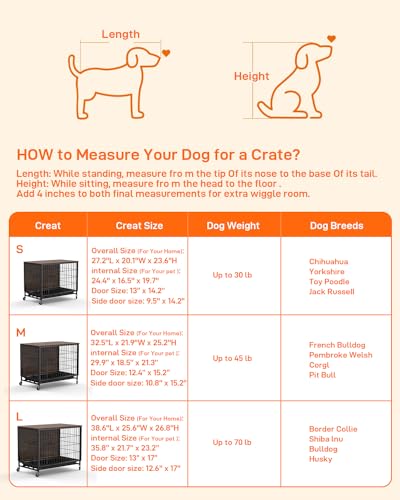 Dog Crate Furniture, 2024 New Furniture Style Dog Crate with Removable Tray and Wheels, Heavy-Duty Double-Doors Dog Cage End Table, 27.2" Wooden Dog Kennel, Indoor Dog House for Large Dogs, Brown GAOMON