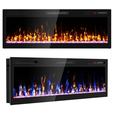 Ludatido 50 Inch Electric Fireplace Wall Mounted and Recessed with Remote Control, Color Adjustable/Realistic Flame W/Timer 1500/750W 400 sq.ft Heating Output Fireplace Heater