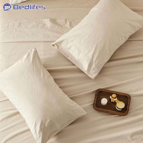 Bedlifes 100% French Pure Linen Sheets Queen Size Breathable and Cooling Flax Sheet Set Soft Durable and Moisture Wicking 16 Inch Deep Pocket-4 Piece(Queen,Linen) Bedlifes