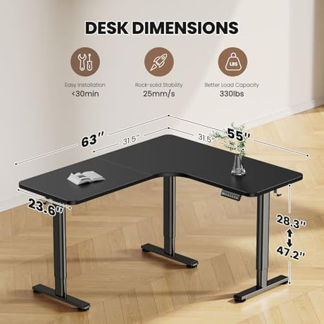 Flycity Electric L Shaped Standing Desk Adjustable Height, 63" x 55" Corner Stand Up Desk, Dual Motor Sit Stand Desk Computer Desk, Home Office Desk with 3 Memory Preset & Child Lock, Black Flycity