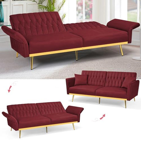 ACMEASE 70” Velvet Futon Sofa Bed with 2 Pillows and Adjustable Armrests, Convertible Sleeper Bed W/Adjustable Backrests, Modern Loveseat for Living Room, Bedroom, Red ACMEASE