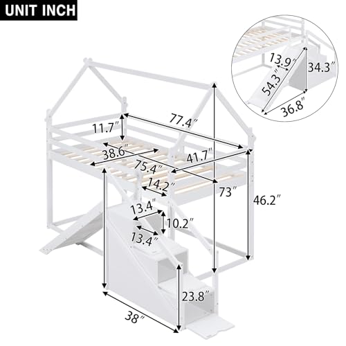 Merax House Shaped Junior Bunk Bed Frame Twin Over Twin with Slide and Storage Stairs, Wood Low Bunkbed with Full-Length Guardrails and Roof Design for Teens, Boys, Girls, No Box Spring Needed, White Merax