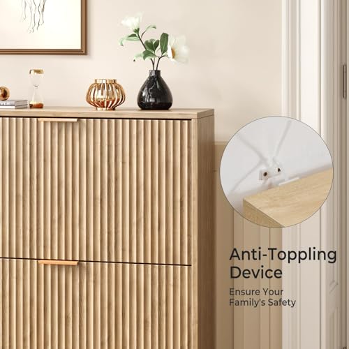 Hootata 31.5''W Oak Shoe Storage Cabinet for Entryway with 2 Flip Drawers, Narrow Wood Fluted Shoe Rack Cabinet,Freestanding Slim Shoe Organizer Cabinet for Foyer, Hallway Hootata