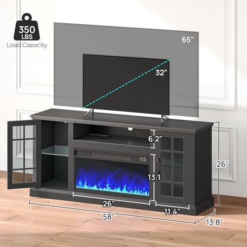 Rolanstar Fireplace TV Stand with Led and Power Outlets, Black Entertainment Center with 26" Electric Fireplace for 45/50/55/60/65 inch TVs, Modern TV Console with Storage Cabinet for Living Room Rolanstar