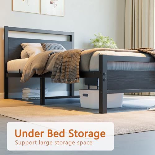 BOFENG Twin Bed Frame with Wood Headboard,Metal Single Platform Bed Frame Twin Size No Box Spring Needed,Heavy Duty Metal Slats Support,Noise Free,Single Bed Base,Easy Assembly,Black BOFENG