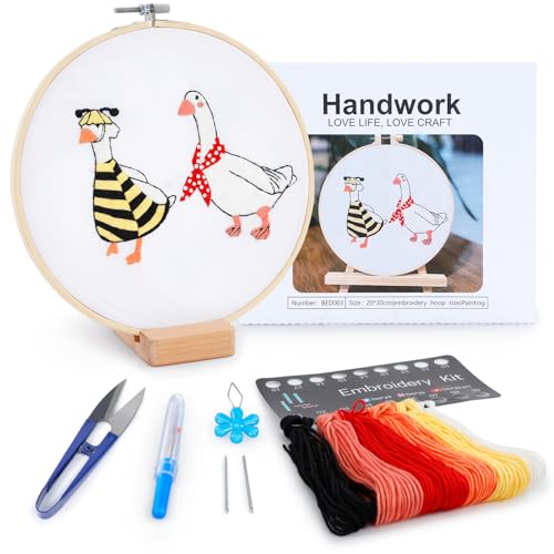 Embroidery Kit for Adult Beginners, Bee Goose Embroidery Kit with Step-by-Step Instructions and Video,Printed Cloth,7.87" Hoop, Display Stand,Color Threads,Threader & Needles for Craft Lover(BED003)