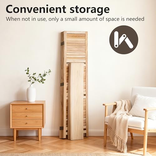 FDW 4 Panel Room Divider Folding Privacy Wooden Screen with Three Clever Shelf Portable Partition Wood Divider for Home Office, Natural Wood FDW