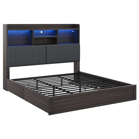 AMERLIFE King Size Bed Frame with 51.2" Tall Bookcase Headboard, Farmhouse Platform Bed with 4 Storage Drawers, Linen Upholstered, Charging Station & Storage, Rustic Black AMERLIFE