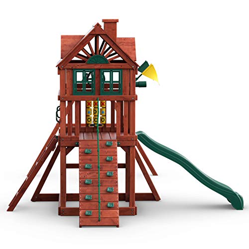 Gorilla Playsets 01-0021 Nantucket II Wood Swing Set with Wood Roof, Two Swings, Slide, Sandbox Area, Rock Wall, Redwood Color Gorilla Playsets
