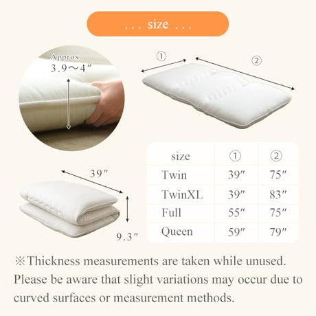 タンスのゲン Japanese Futon Mattress, Twin, Shikibuton for Firm, Even Support – Traditional Batting Core, 4-Inch Thick, 100% Cotton Cover, 2220005000(92515) タンスのゲン