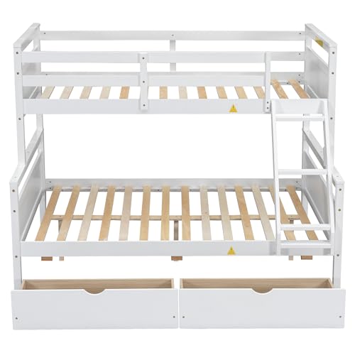 Merax Twin Over Full Bunk Bed with Two Storage Drawer, Removable Ladder and Safety Guardrail, Convertible to 2 Separated beds (White) Merax