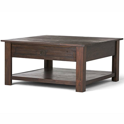 SIMPLIHOME Monroe SOLID ACACIA WOOD 38 Inch Wide Square Rustic Coffee Table in Distressed Charcoal Brown, For the Living Room and Family Room - WoodArtSupply