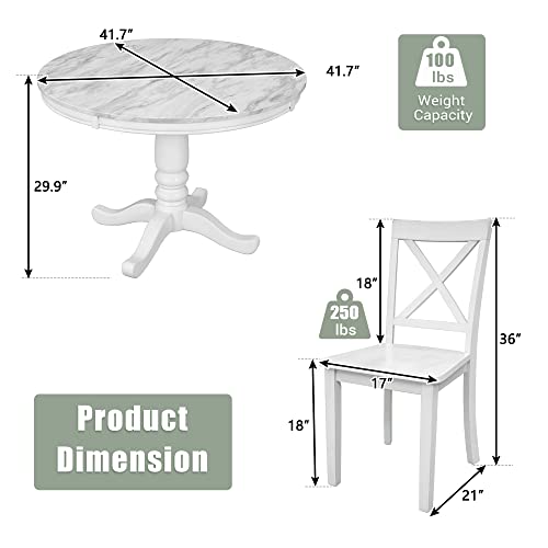 Merax Round Dining Table Set for 4, 5-Piece Faux Marble Kitchen Table Set with 4 Chairs, Farmhouse Table and Chairs Set for Kitchen, Dining Room, Small Space, White Merax