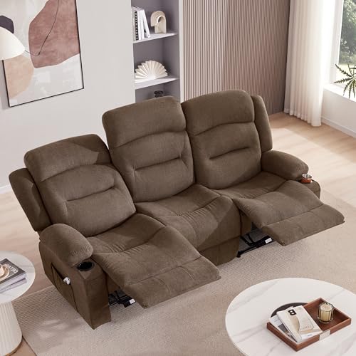 Reedvales Oversized Recliner Sofa with Heat and Massage, Big Large 3-Seater RV Recliner Couch Sofa for Living Room, Wall-Hugger Reclining Sofa with Cup Holders and USB Port (Fabric, Brown)