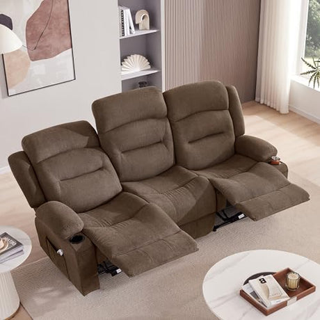 Reedvales Oversized Recliner Sofa with Heat and Massage, Big Large 3-Seater RV Recliner Couch Sofa for Living Room, Wall-Hugger Reclining Sofa with Cup Holders and USB Port (Fabric, Brown) Reedvales