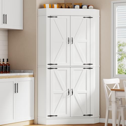 Gyfimoie Corner Cabinet,Kitchen Pantry Storage Cabinet,Freestanding Buffet Hutch with 4 Doors and Shelves,Tall Food Pantry Farmhouse Furniture with Side Rack for Kitchen Dining Room (White) Gyfimoie