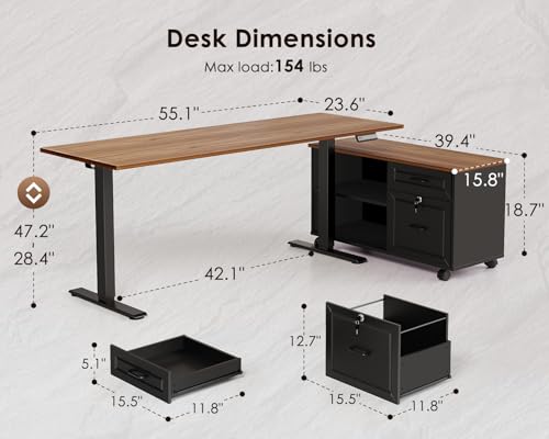OffiGo 55 Inch L Shaped Electric Standing Desk with Drawers & File Cabinet Sets, Executive Sit Stand Desk, Height Adjustable Computer Desk for Home Office, Writing, Workstation, Walnut+Black OffiGo