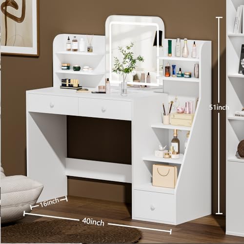 Oiroporz White Makeup Vanity Desk with LED Mirror & 5-Tier Sloped Shelves, 7 Open Storage Areas & 3 Drawers, Adjustable 3-Color Lighting Dressing Table Oiroporz
