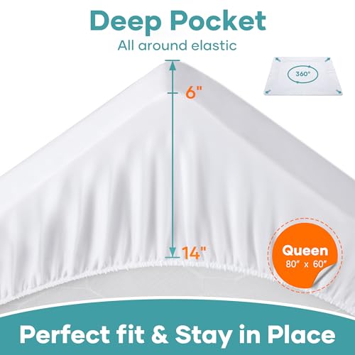 OhGeni Waterproof Mattress Protector, Queen Size Fitted Sheet with Deep Pocket, 6''-18'' Washable Hypoallergenic Mattresses Cover,Noiseless Soft Mattress Pad, Urine,Bedroom Essential,Pee & Dirt-Proof OhGeni