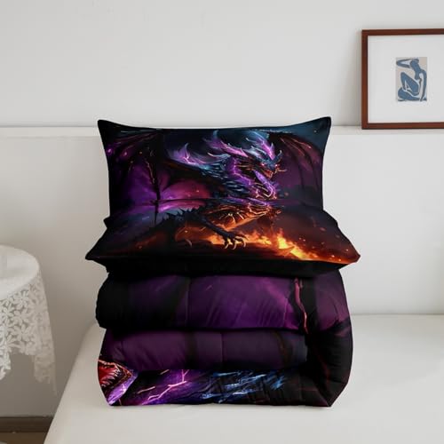 Erosebridal 3D Dragon Bedding Set King Magical Wildlife Comforter Set, Wild Animal Bedding Comforter Sets Gradient Lightning Down Comforter, Glowing Fire Duvet Insert Boys Girls Funny Home Decoratives Erosebridal