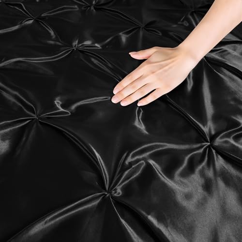 P Pothuiny 5 Pieces Satin Pintuck Duvet Cover Set, Silky Like Black Pinch Pleat Duvet Cover Full/Queen Size Luxury Bedding Set with Corner Ties, 2 Pillow Shams + 2 Pillowcases (No Comforter) P Pothuiny