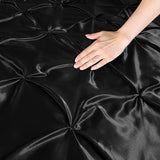 P Pothuiny 5 Pieces Satin Pintuck Duvet Cover Set, Silky Like Black Pinch Pleat Duvet Cover Full/Queen Size Luxury Bedding Set with Corner Ties, 2 Pillow Shams + 2 Pillowcases (No Comforter) P Pothuiny