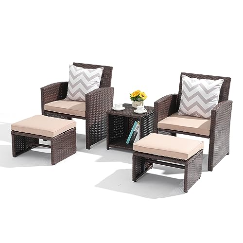 OC Orange-Casual 5 Pcs Patio Conversation Set Balcony Furniture Set with Cushions, Brown Wicker Chair with Ottoman, Storage Table for Backyard, Garden, Porch, Dark Grey OC Orange-Casual
