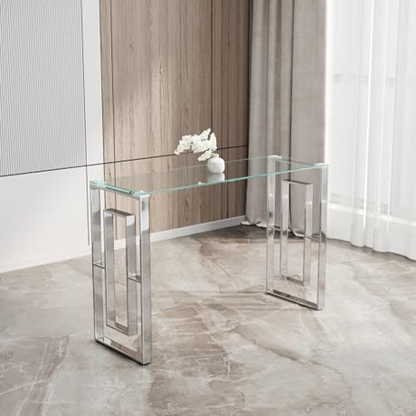 HomVent Silver Glass Console Table Narrow Sofa Table with Tempered Glass Top and Stainless Steel Legs for Entryway, Living Room (Silver) HomVent