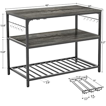 Homieasy Black Oak Kitchen Island with Wine Rack, Glass Holder & 3-Tier Storage