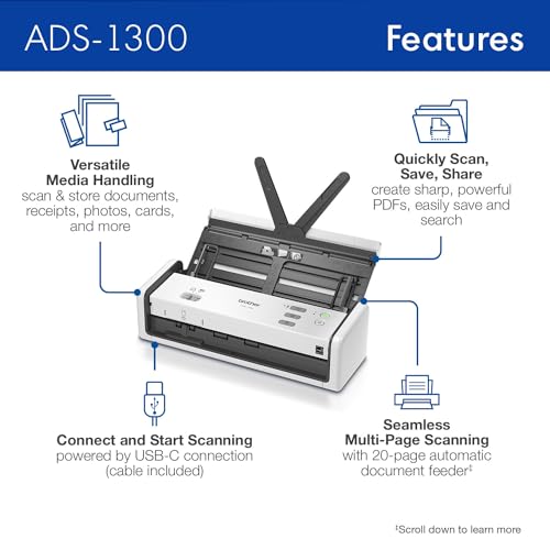 Brother ADS-1300 Compact Desktop Scanner | Scan Speeds of Up to 30ppm | Single Pass Double-Sided Scanning Brother