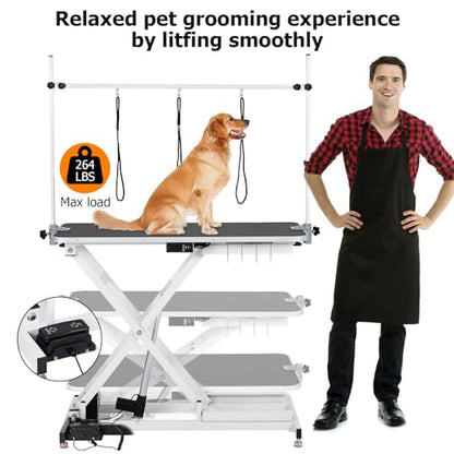 47" Electric Dog Grooming Table, Pet Grooming Table for Dogs & Cats, Height Adjustable (9"-40") with Overhead Arm, Anti Slip Tabletop, 3 Grooming Noose, White