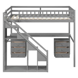 Bellemave Full Loft Bed with Stairs and Shelves, Wood Loft Bed with Two Chest of Drawers, Wardrobe, LED for Kids, Teens, Adults, Gray Bellemave