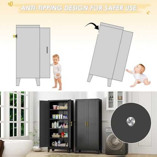 GAIOUS 71" Tall Metal Storage Cabinet with 2 Doors and 4 Adjustable Shelves, Kitchen Pantry Cabinet Black Freestanding Cupboard, 5 Tier Multifunctional Steel Storage for Office, Kitchen, Dining Room GAIOUS