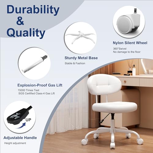 Misolant Vanity Chair with Back, Small Armless Cute office Chair with wheels and Lumbar support, Comfy PU Leather Desk Computer Chairs with Adjustable Height, 360°Swivel for Home Bedroom Office, White Misolant