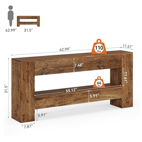 TRIBEWOOD Solid Wood Console Table, 63-Inch Farmhouse Entryway Table with 2-Tier Storage Shelf, Rustic Wooden Narrow Long Sofa Table Behind Couch for Entryway, Hallway, Foyer, Living Room, Brown TRIBEWOOD