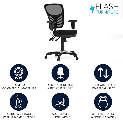 Flash Furniture Nicholas Mid-Back Swivel Desk Chair with Wheels, Mesh Back, Padded Seat, and Armrests, Adjustable Height Mesh Ergonomic Office Chair, Black Flash Furniture