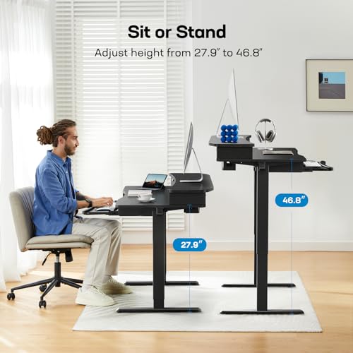 HUANUO 48" x 26" Electric Standing Desk with 2 Drawers & 26.7" Large Keyboard Tray, C-Clamp Mount Compatible, Adjustable Computer Desk for Home Office, Stand Up Desk with 4 Height Presets, Bl - WoodArtSupply