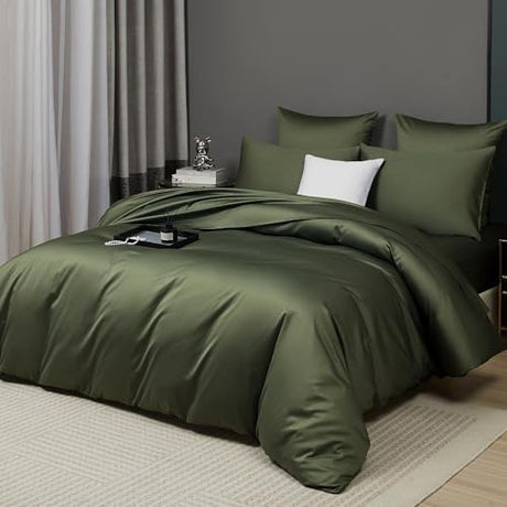 Olive Green Cotton Duvet Cover Set Queen 100% Long-Staple Cotton Sateen Bedding Set, Soft Breathable Smooth Organic Pure Cotton Plain Comforter Cover, Luxury Minimalist Bedroom Decor for All Season YASMENG