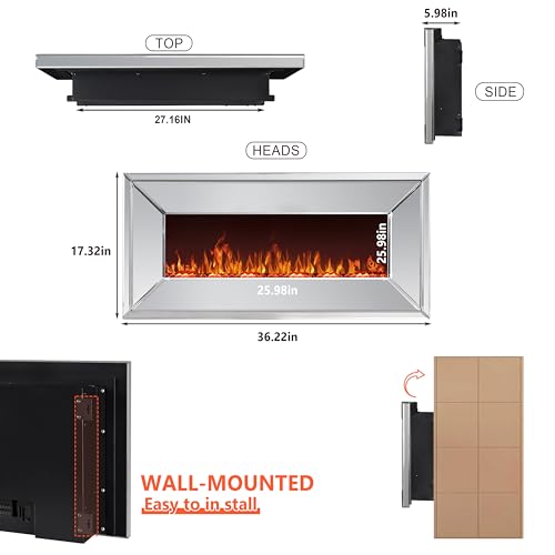 blingworld 36" Silver Mirrored Electric Fireplace, Modern Wall Mounted Electric Fireplace with Crushed Diamond Inlay, Freestanding Heater with Remote Control, 400 sq ft Heating Coverage blingworld