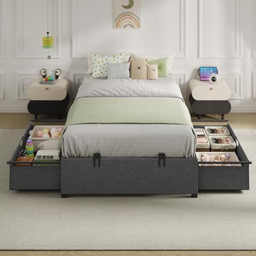 BTHFST Twin Size Bed Frame with 2 Large Storage Drawers, Metal Platform Twin Bed for Kids, Heavy Duty Steel Slats, No Box Spring Needed, Easy Assembly, Dark Grey & Black BTHFST