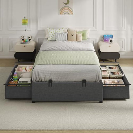 BTHFST Twin Size Bed Frame with 2 Large Storage Drawers, Metal Platform Twin Bed for Kids, Heavy Duty Steel Slats, No Box Spring Needed, Easy Assembly, Dark Grey & Black BTHFST