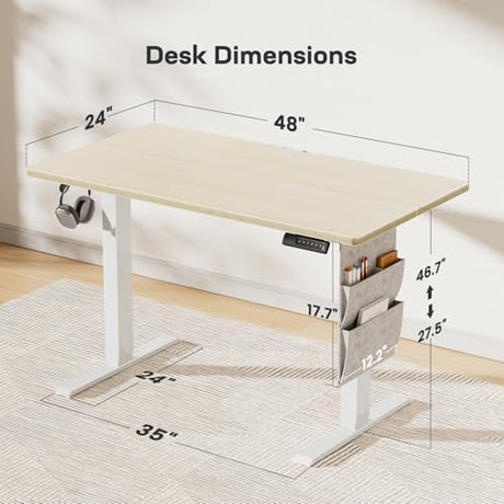 Marsail 48x24 Electric Standing Desk - Adjustable Height Computer Desk with Memory Presets, Storage Bag & Cable Management for Home Office & Gaming Workstations Marsail