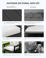 SERWALL HDPE Outdoor Patio Furniture Set, 7-Piece Outdoor Sectional Patio Conversation Set, All Weather Outdoor Couch Set Patio Sofa Set for Deck, Lawn, Black Frame with Khaki Cushion SERWALL